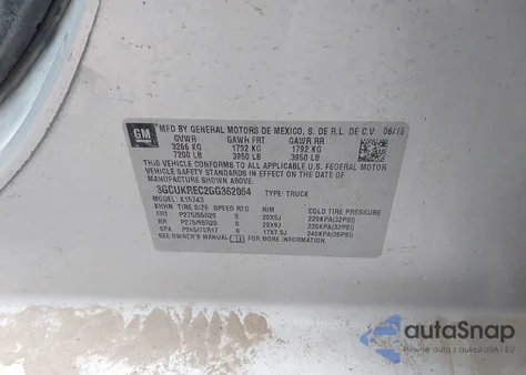 2016 Chevrolet Silverado 1500 2Lt из США, поврежденный, VIN 3GCUKREC2GG362064